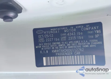 2013 Hyundai Genesis 2.0T Premium z USA, uszkodzony, nr VIN KMHHT6KD6DU112762